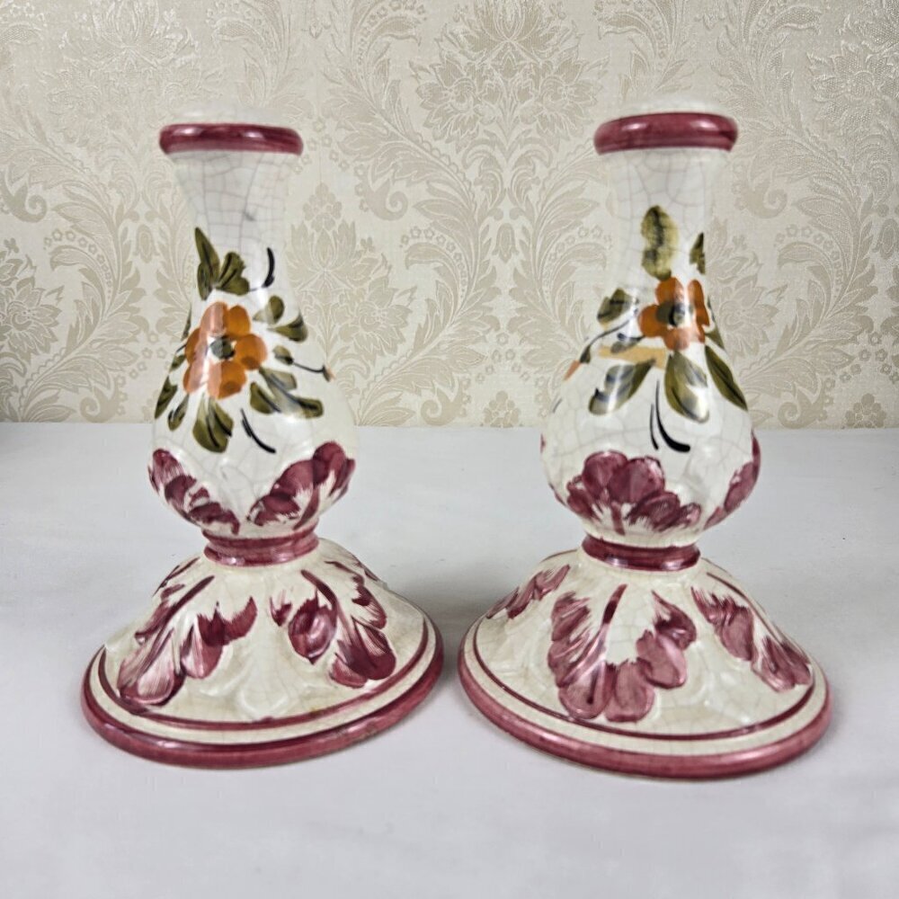 Pair of Ceramic Candle Holders/Lamp Bases Pink White Floral Hand Painted Vintage